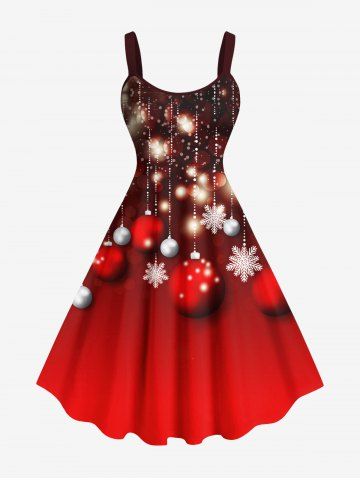 Robe Boule de Noël 3D Flocon de Neige Imprimé de Grande Taille à Frange - RED - XS