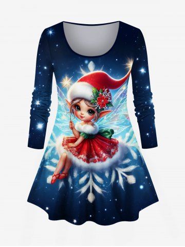 Plus Size Christmas Hat Snowflake Elf Glitter Ombre Galaxy Print Long Sleeves T-shirt