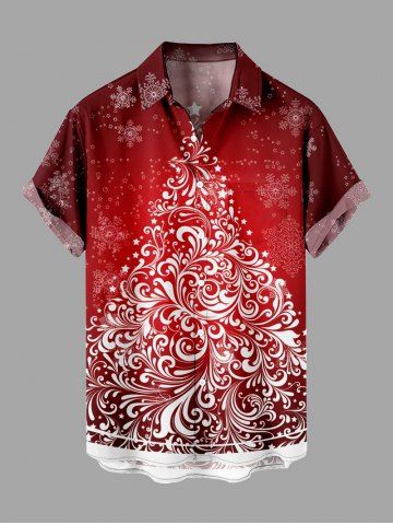 Plus Size Christmas Tree Floral Snowflake Ombre Print Buttons Pocket Shirt For Men - RED - S