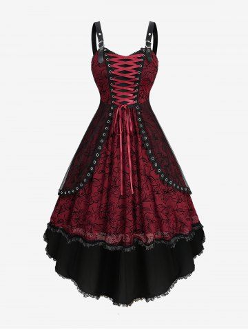 Plus Size Floral Flocking Mesh Lace-up Grommets Buckle Lace Trim Tank Dress - RED - L | US 12