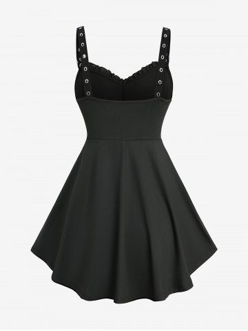 Plus Size Rose Flower Printed Crossover Bust Buckle Grommet Split Ribbed Layered Tank Top