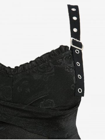 Plus Size Rose Flower Printed Crossover Bust Buckle Grommet Split Ribbed Layered Tank Top