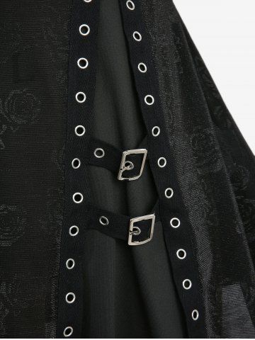 Plus Size Rose Flower Printed Crossover Bust Buckle Grommet Split Ribbed Layered Tank Top