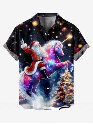 Plus Size Christmas Tree Santa Claus Unicorn Glitter Star Galaxy Print Button Pocket Shirt For Men -  