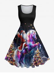Robe Trapèze Vintage Imprimé Glaxie et Sapin de Noël Grande Taille - Noir M