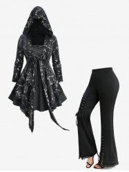 Rose Flower Printed Layered Asymmetric Hooded Top and Lace-up Split Pocket Flare Pants Plus Size Outfit -  