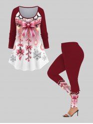 Christmas Snowflake Light Bowknot Print Ombre Long Sleeves T-shirt and Leggings Plus Size Matching Set -  