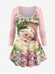 Plus Size Christmas Flower Leaf Santa Claus Bowknot Print Raglan Sleeve T-shirt -  