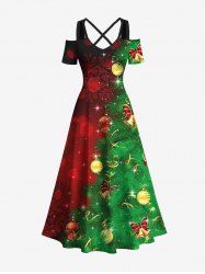 Plus Size Christmas Tree Ball Bell Star Snowflake Print Cold Shoulder Crisscross Maxi Dress -  
