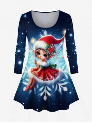Plus Size Christmas Hat Snowflake Elf Glitter Ombre Galaxy Print Long Sleeves T-shirt -  