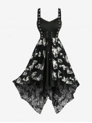 Plus Size Butterfly Embroidery Lace Trim Lace-up Grommets Buckle Asymmetrical Tank Dress -  