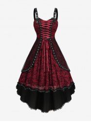 Gothic Plus Size Floral Flocking Mesh Lace-up Grommets Buckle Lace Trim Tank Dress -  