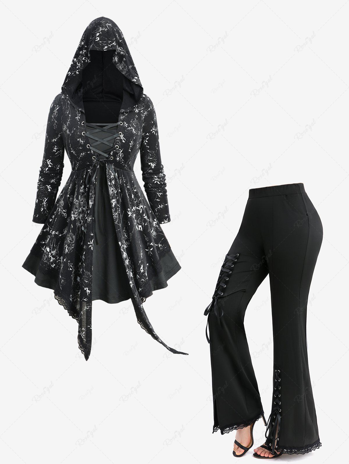 Hot Rose Flower Printed Layered Asymmetric Hooded Top and Lace-up Split Pocket Flare Pants Plus Size Outfit  