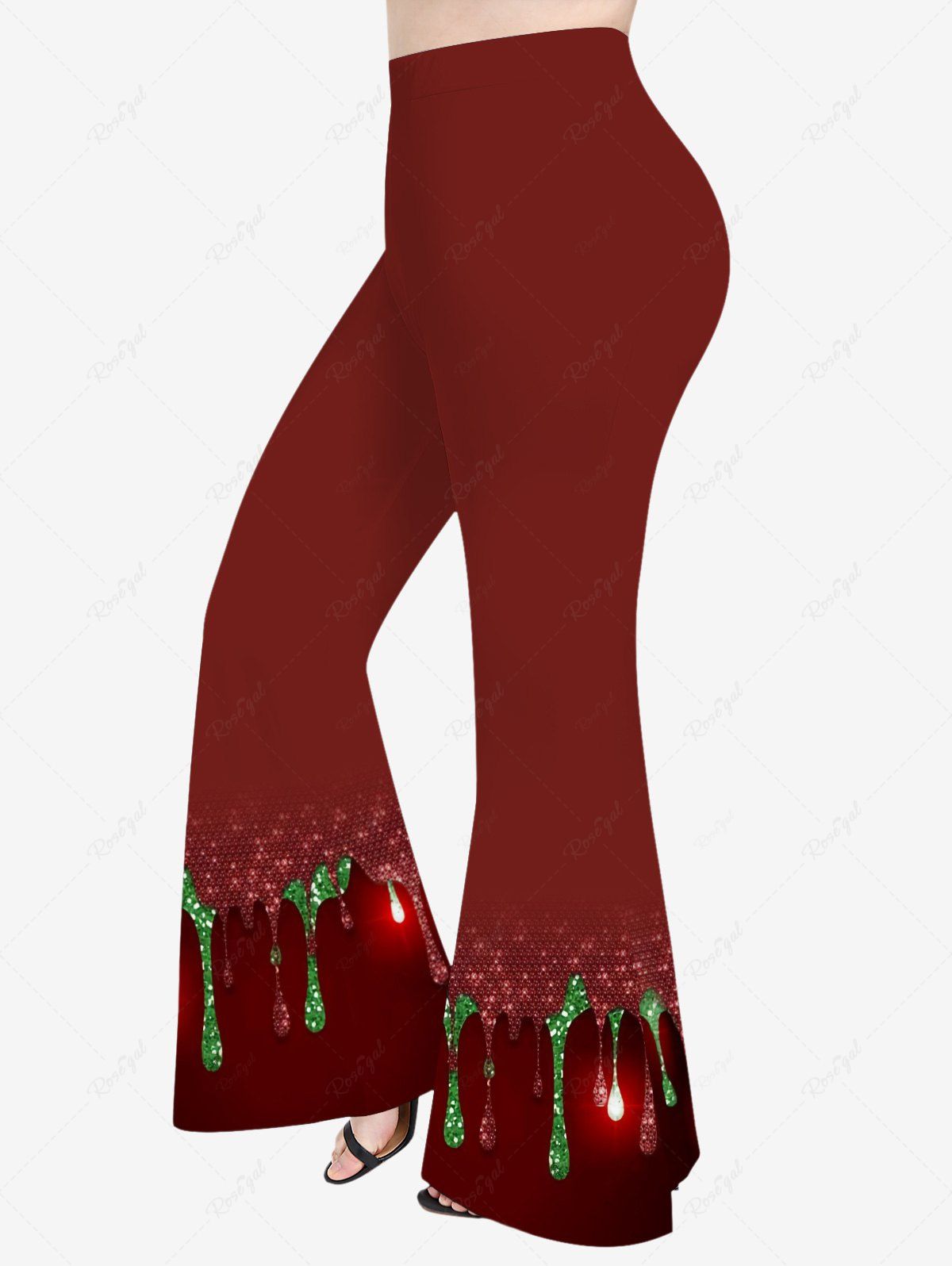 New Plus Size Christmas Glitter Sparkling Paint Drop Sequins Print Flare Pants  
