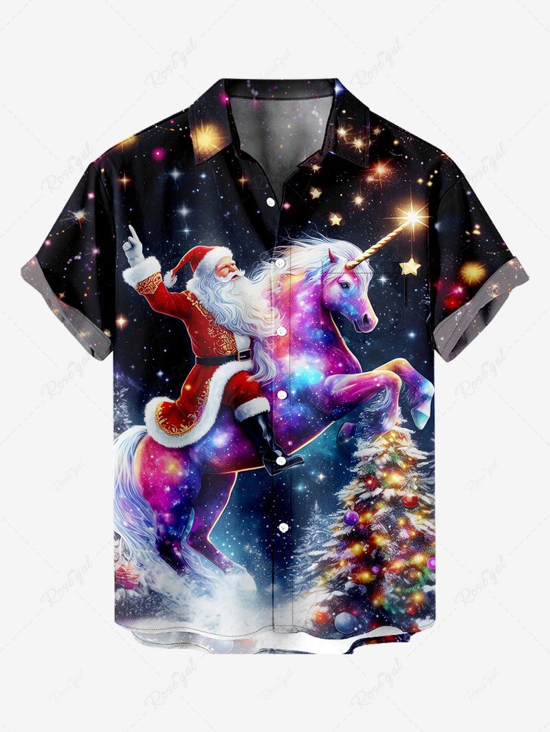 Cheap Plus Size Christmas Tree Santa Claus Unicorn Glitter Star Galaxy Print Button Pocket Shirt For Men  