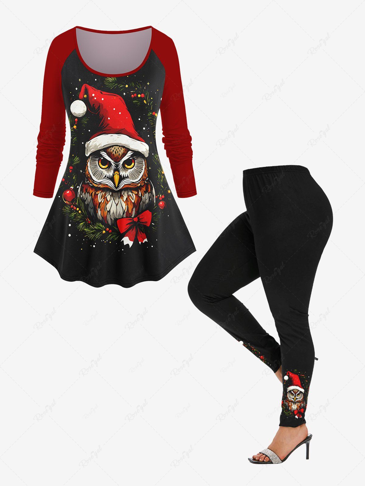 Ensemble de T-shirt Cerf de Noël et Chapeau Nœud Papillon Imprimés de Grande Taille Rouge 