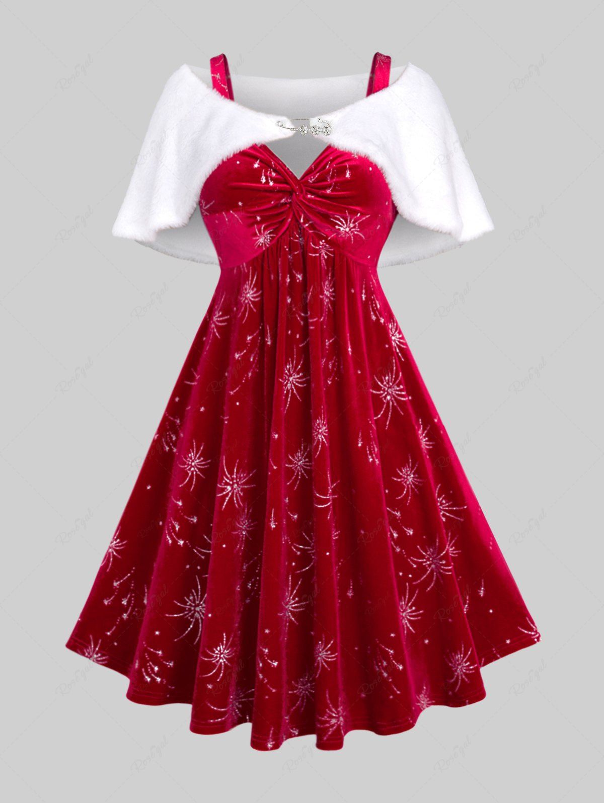 New Valentine's Day Plus Size Fireworks Printed Twist Ruched Velvet A Line Party Dress and Fur Panel Cape Set  