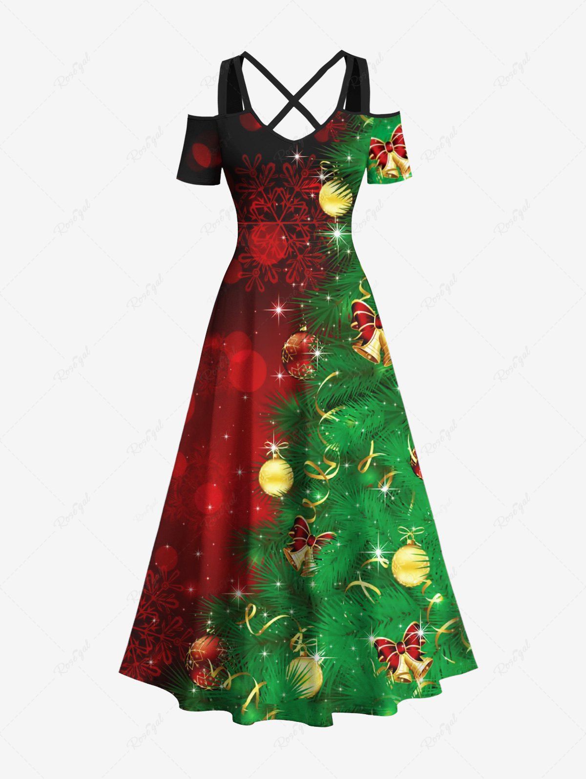 Outfits Plus Size Christmas Tree Ball Bell Star Snowflake Print Cold Shoulder Crisscross Maxi Dress  