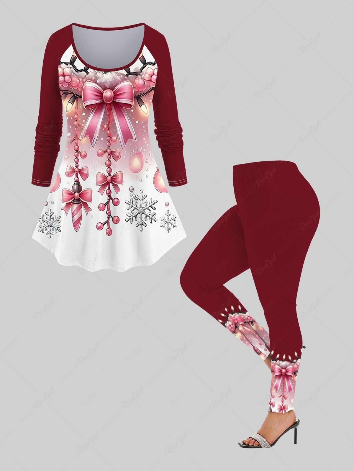 Unique Christmas Snowflake Light Bowknot Print Ombre Long Sleeves T-shirt and Leggings Plus Size Matching Set  
