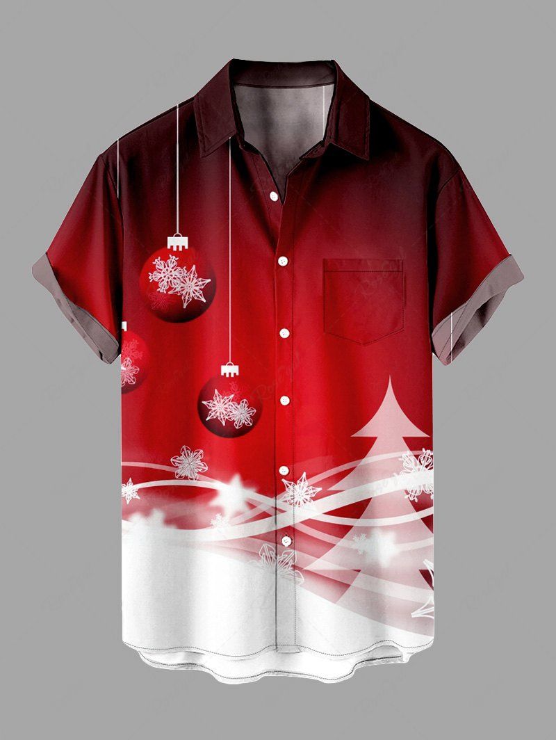 Chemise Imprimé Flocon de Neige et Sapin de Noël Grande Taille avec Poches Rouge 2XL