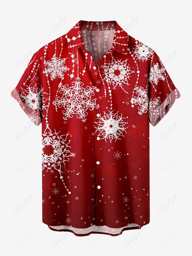 Affordable Plus Size Christmas Snowflake Tassels Print Buttons Pocket Shirt For Men  