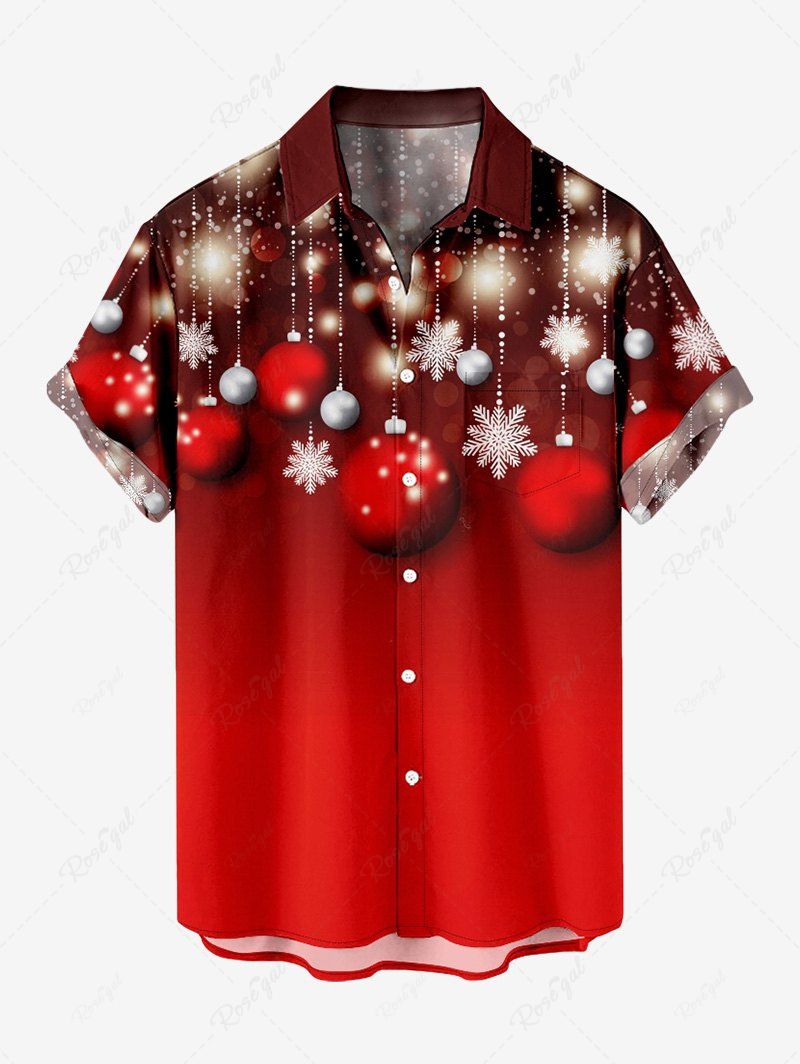 Chemise à Boutons avec Pompons à Imprimé Boules de Noël et Flocons de Neige 3D Grande-Taille pour Hommes Rouge S