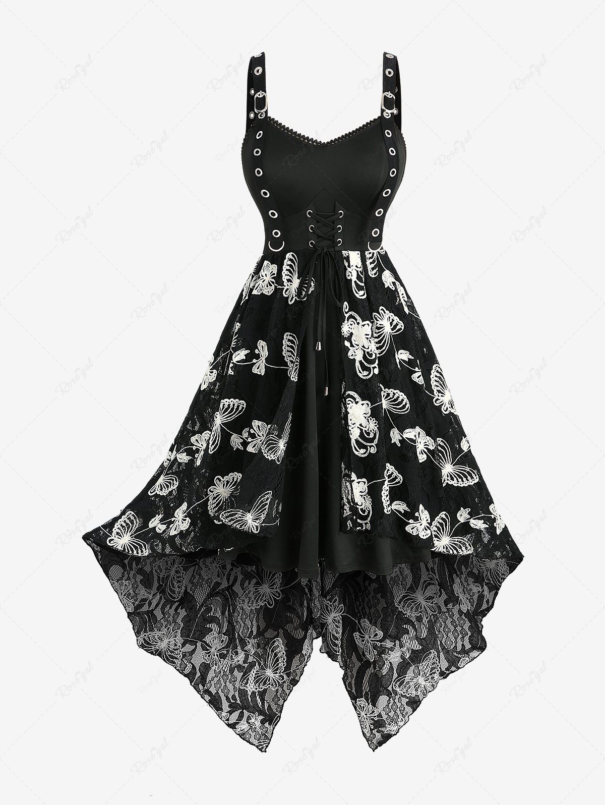 Outfit Plus Size Butterfly Embroidery Lace Trim Lace-up Grommets Buckle Asymmetrical Tank Dress  