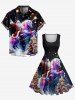 Robe Trapèze Vintage Imprimé Glaxie et Sapin de Noël Grande Taille - Noir M