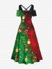 Plus Size Christmas Tree Ball Bell Star Snowflake Print Cold Shoulder Crisscross Maxi Dress -  