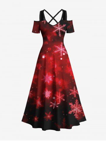 Plus Size Christmas Snowflake Tie Dye Ombre Glitter Galaxy Print Crisscross A Line Maxi Dress - RED - 6X