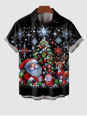 Plus Size Christmas Tree Snowflake Elk Santa Claus Print Button Pocket Shirt For Men - BLACK - 3XL