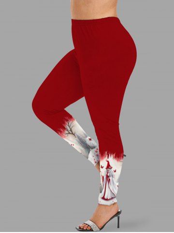 Plus Size Christmas Tree Floral Butterfly Elf Print Leggings - RED - S