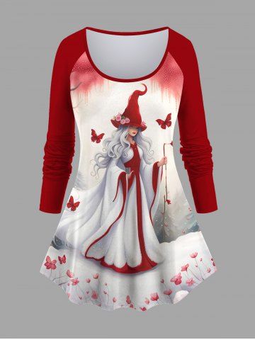 Plus Size Christmas Tree Floral Butterfly Elf Print Long Sleeves T-shirt - RED - XS