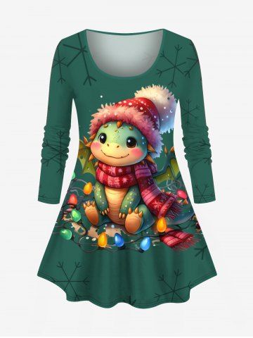 Plus Size Christmas Snowflake Light Cute Dinosaur Print Long Sleeves T-shirt - GREEN - 1X