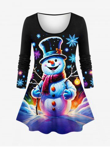 Plus Size Colorful Christmas Snowflake Snowman Print Long Sleeves T-shirt