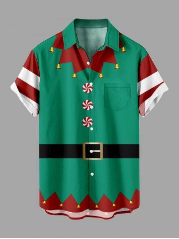 Chemise Imprimé Clown Bonbons et Cloches de Noël avec Poches Grande Taille pour Homme - GREEN - 4XL