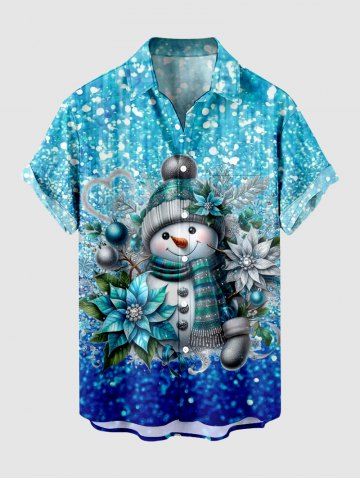 Plus Size Christmas Ball Snowman Flower Leaf Ombre Sparkling Sequin Glitter 3D Print Buttons Pocket Shirt For Men - BLUE - S