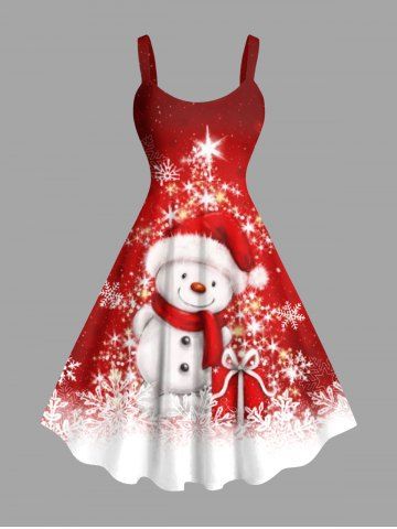 Robe à Bretelle en Blocs de Couleurs 3D Flocon de Neige et Cadeau de Noël Imprimés de Grande Taille à Paillettes - RED - XS