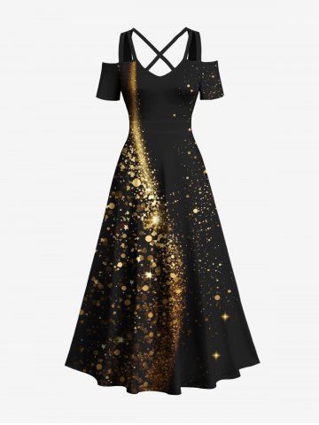 Maxi Robe de Noël Brillante 3D Etoile Imprimée à Epaule Dénudée de Grande Taille à Paillettes - BLACK - XS