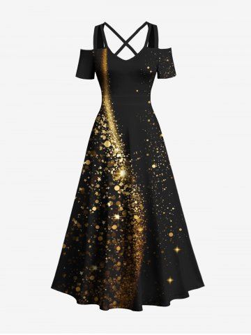 Plus Size Christmas Star Sparkling Sequin Glitter 3D Print Cold Shoulder Crisscross Maxi Dress - BLACK - L