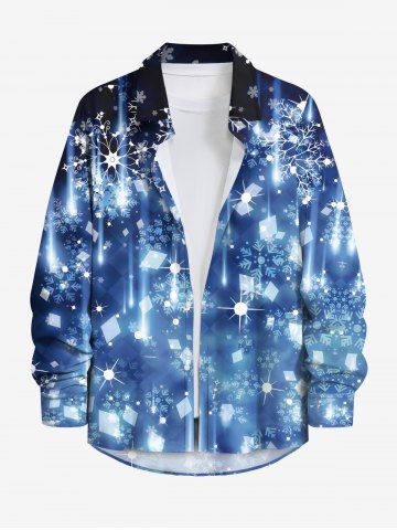 Plus Size Christmas Snowflake Glitter 3D Print Buttons Pocket Long Sleeve Shirt For Men - BLUE - 7XL