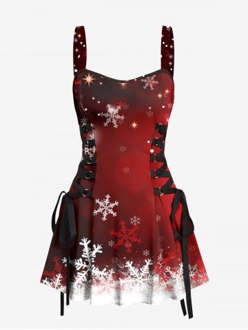 Christmas Snowflake Ombre Galaxy Print Lace Up A LIne Tank Dress - RED - XS