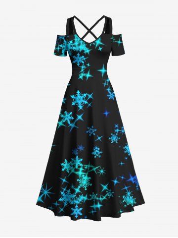 Plus Size Christmas Glitter Snowflake Stars Print Crisscross A Line Maxi Dress - BLACK - XS