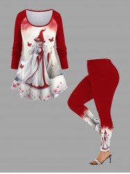 Christmas Tree Floral Butterfly Elf Print Long Sleeves T-shirt and Leggings Plus Size Matching Set -  