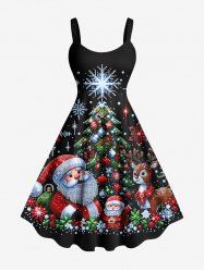 Robe Ligne A Père Noël Sapin de Noël et Flocon de Neige Imprimés de Grande Taille - Noir 4X