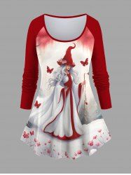 Plus Size Christmas Tree Floral Butterfly Elf Print Long Sleeves T-shirt -  