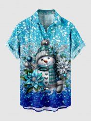 Chemise de Noël 3D Boule et Bonhomme de Neige Imprimés de Grande Taille à Paillettes avec Boutons - Bleu L