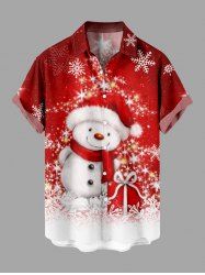 Chemise 3D Bonhomme de Neige Flocon de Neige et Boîte à Brillant Imprimé en Blocs de Couleurs Grande Taille avec Boutons pour Hommes - Rouge 2XL