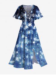 Robe Mi-Longue Fendue 3D Flocon de Neige de Noël Imprimé de Grande Taille à Paillettes - Bleu Ciel 3X