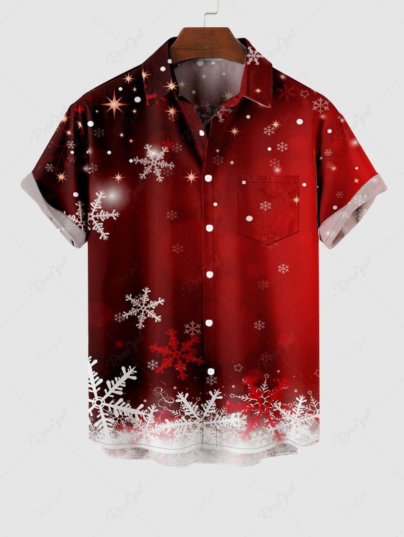 Trendy Plus Size Christmas Snowflake Ombre Galaxy Print Button Pocket Shirt For Men  